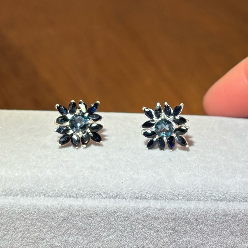 Elegant Natural London Blue Topaz & Sapphire in 925 Sterling Silver Earrings
